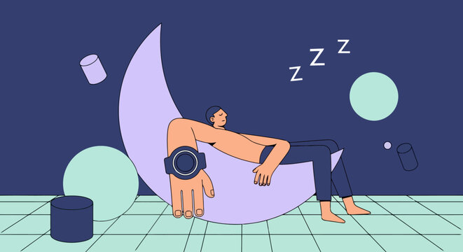 Person sleeping peacefully on a crescent moon with smartwatch, health tracking
