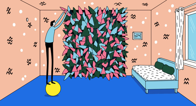 Quirky man balancing on yellow ball to decorate room wall with colorful triangles