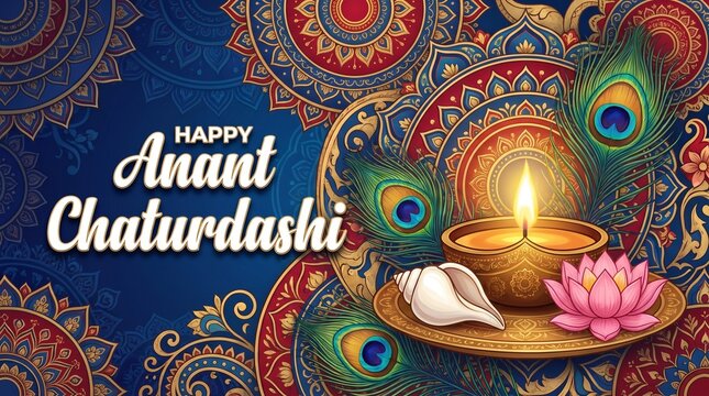 Happy Anant Chaturdashi Celebration Indian Festival Diya Lotus Peacock Traditional Background Design