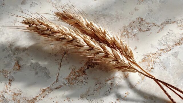 Golden wheat ears resting on a light marble surface with natural sunlight.