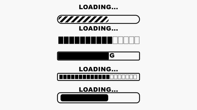 Set of black and white loading bar progress indicators for web design
