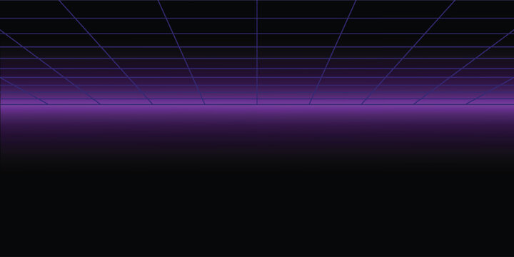 Neon wireframe horizon background. Light purple grid room floor in perspective. Glow violet retro futuristic wallpaper. Abstract checkered plane landscape. Game floor surface. Vector backdrop
