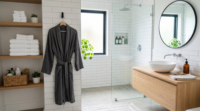 Modern bathroom with grey robe, wooden vanity, and plants  