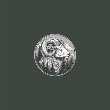 Vintage Hand-Drawn Mountain Goat Illustration with Pine Trees