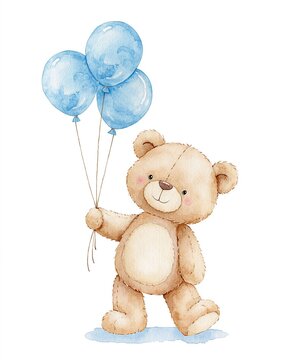 Cute watercolor teddy bear holding three light blue balloons, perfect for baby shower invitations and children's celebrations.