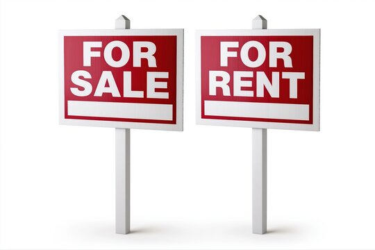 Two red and white real estate signs, one for sale and one for rent, on white poles against a white background