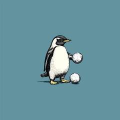 Fototapeta premium Vintage Hand-Drawn Penguin Holding a Snowball Illustration