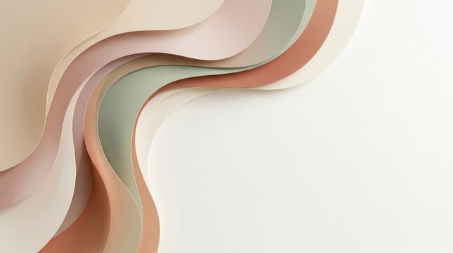 A smooth, flowing wave of layered paper in muted, earthy tones creates a dynamic and abstract design.