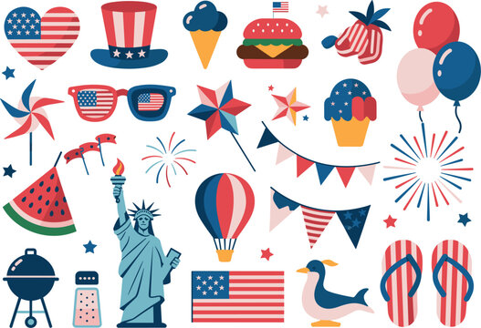 Patriotic American summer celebration icon set featuring Independence Day fireworks Statue of Liberty barbecue beach balloons and festive symbols