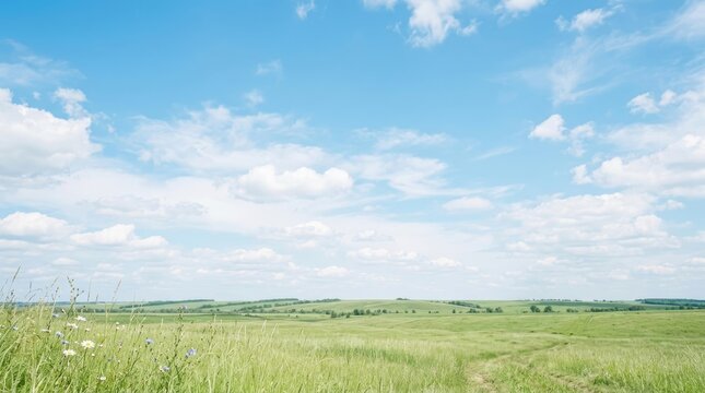 A bright, sunny landscape features a vast, rolling green field dotted with wildflowers. A clear blue sky filled with fluffy white clouds stretches overhead.