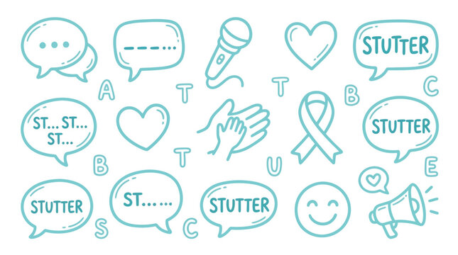 Collection of hand-drawn icons representing stuttering awareness and communication challenges.