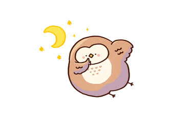 Owl flying quietly under the night sky making a shh pose with its index finger, silent flight or secret concept