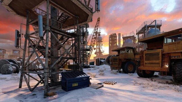 Panorama of a construction complex with machines. Animation on the theme of manufacturing and industry.	
