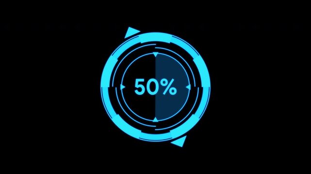 Futuristic hud loading progress from 0 to 100 with rotating blue circular interface on transparent background