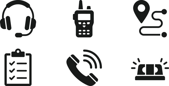 Emergency dispatch and call center icon set black silhouettes vector illustration, customer service communication flat icons isolated