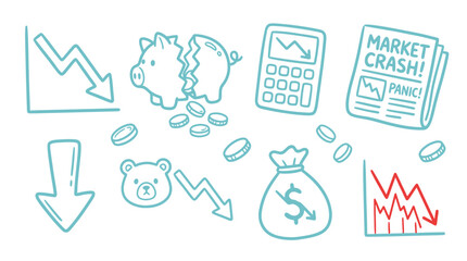 Fototapeta premium Financial Crisis Icons: Broken Piggy Bank, Falling Graphs, Bear Market, and Newspaper Headline.