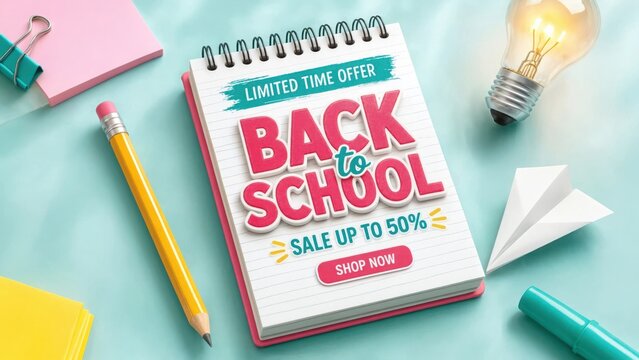 Bright back-to-school notebook with sale offer, pencils, clipboard, and lightbulb on mint background