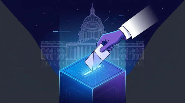 Hand casting ballot at digital box with US Capitol.