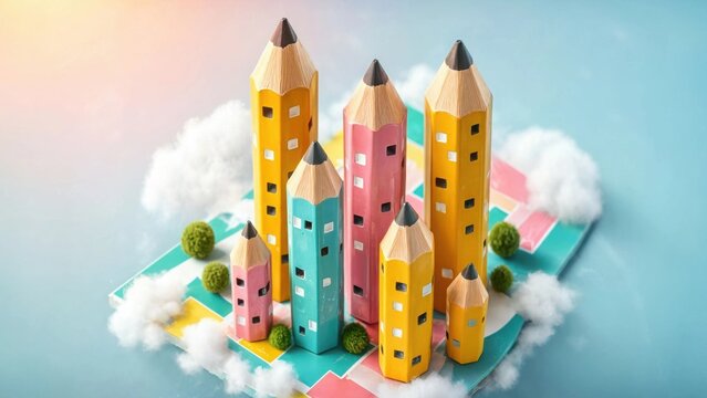 Colorful pencil-shaped house sculptures on pastel cloud base with geometric background