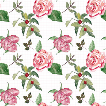 Motivo floreale a rose rosa dipinte ad acquerello in pattern senza soluzione di continuit&agrave;
