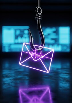 Cyber Security Concept of Phishing Email Scam with Glowing Neon Envelope on a Fish Hook in High Tech Setting