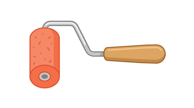 Flat vector illustration of an orange paint roller with wooden handle