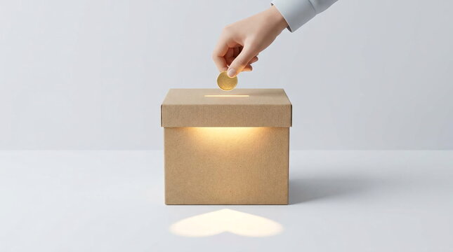 Hand dropping glowing coin into simple cardboard box.