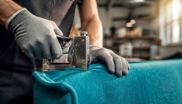Professional Furniture Upholstery Repairer Using a Manual Staple Gun for Fabric Restoration
