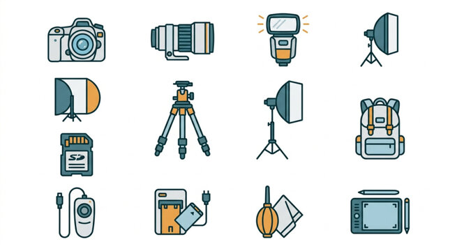 Flat Design Photography Equipment Icons Collection.