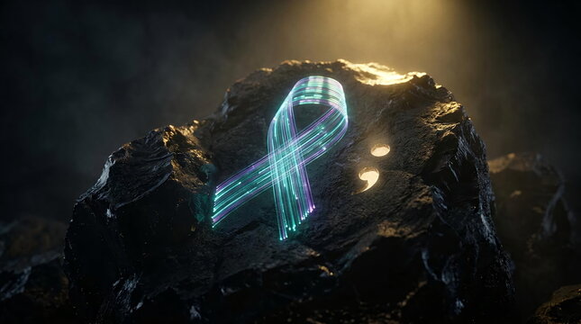 Glowing teal ribbon and semicolon symbol on dark rock.