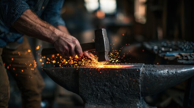 A blacksmith shaping hot metal with a hammer and sparks on an anvil in a workshop. Craftsmanship concept for.