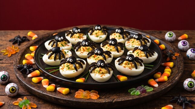 Scary spider deviled eggs with halloween candies on dark red background