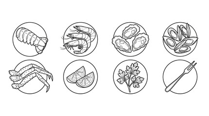 Fototapeta premium Line Art Seafood and Fresh Produce Illustration for Culinary and Restaurant Use, Black and White Sketch