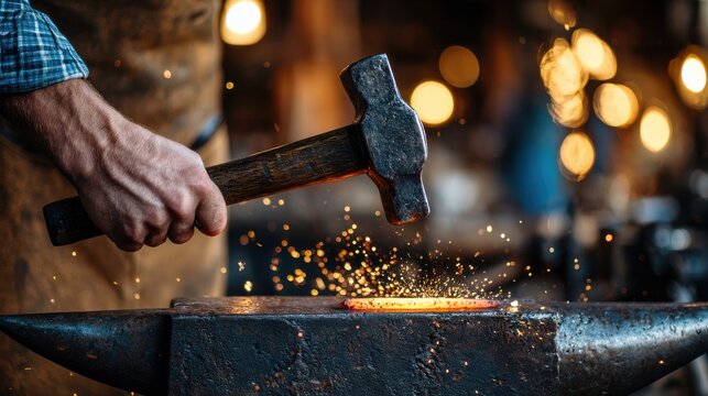 Blacksmith hammering hot glowing metal on anvil with sparks. Craftsmanship and metalworking concept.