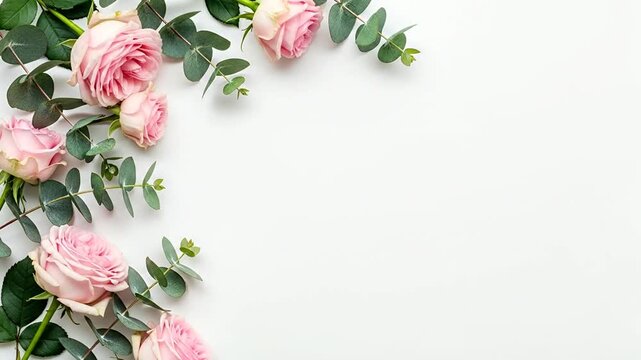 Animated Floral Border of Pink Roses and Eucalyptus on White Background