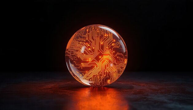 Abstract glowing orange electronic circuitry inside transparent glass sphere with technology abstract electronics processor connection innovation hardware motherboard computer circuitry