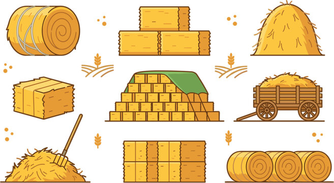 Farm hay bale haystack harvest vector icon set with straw rolls wooden cart pitchfork agriculture storage elements