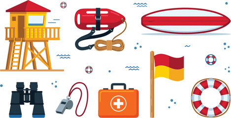 Lifeguard beach safety rescue vector icon set with watchtower buoy surfboard binoculars whistle medical kit flag elements © Rukhsana