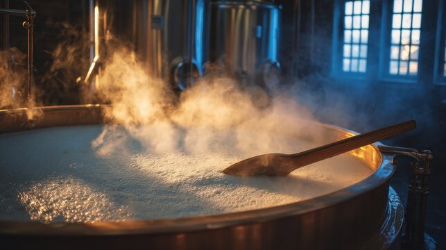 Large copper brewing kettle filled with steaming hot mash and foam. Craft beer brewing process concept.