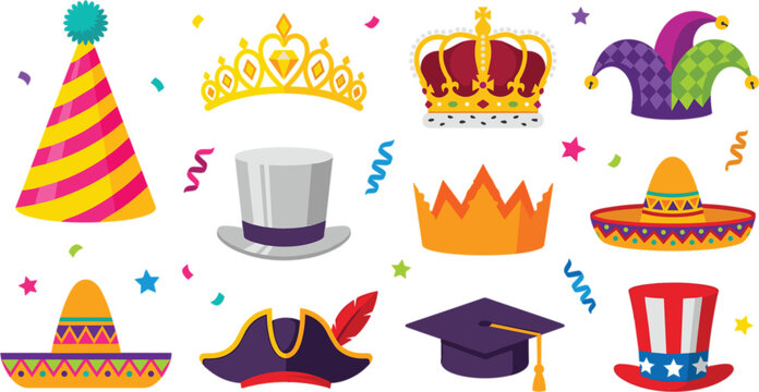 Party hat and crown vector icon set with tiara jester top hat sombrero pirate graduation uncle sam elements
