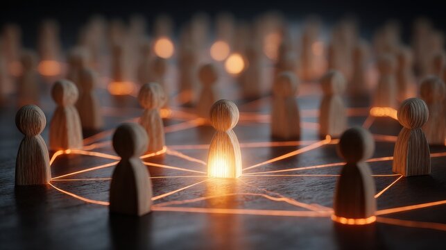 Wooden figures connected by glowing light lines on a dark table. Concept for networking and teamwork.
