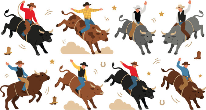 Rodeo bull riding cowboy sport vector icon set with bucking animal wild west show competition performance elements