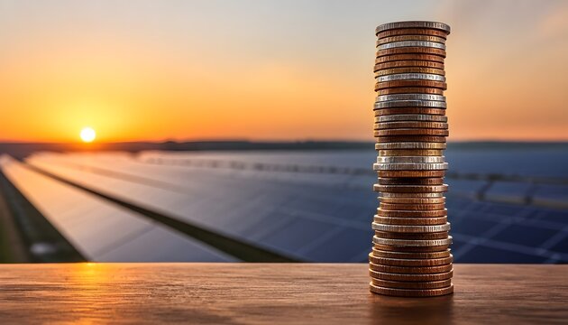 Stack of Coins Representing Financial Investment in Sustainable Solar Energy Power Plants