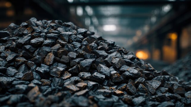 A close-up view of a large pile of dark coal ore in an industrial warehouse. Ideal for energy and mining.