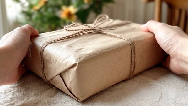 Hands gently holding a rustic gift wrapped in brown paper and twine.