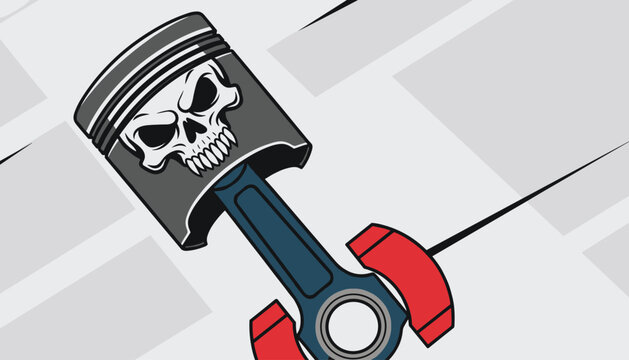 High performance engine piston featuring a detailed skull illustration on its crown, set against a grey background with motion lines.