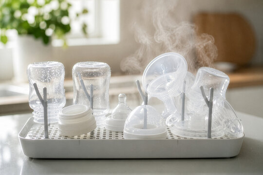 Baby bottles, teats, and breast pump components drying on a rack with steam, ensuring purity and hygiene for infant care