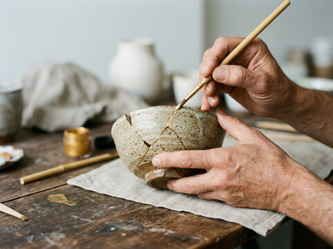 Artist repairing pottery with gold lacquer, Kintsugi technique, close-up hands