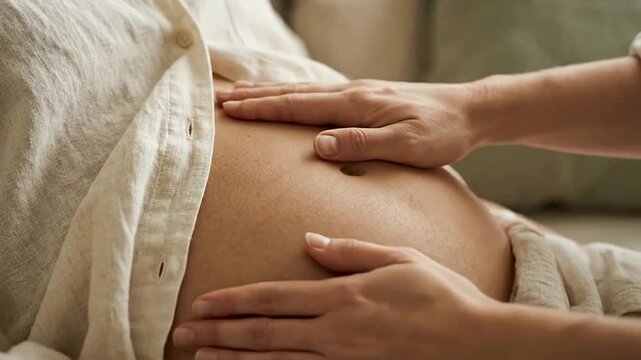 Close-up of pregnant belly with finger touching skin in natural light