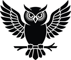 Fototapeta premium A high-contrast black and white vector illustration of an owl with wings spread wide.a